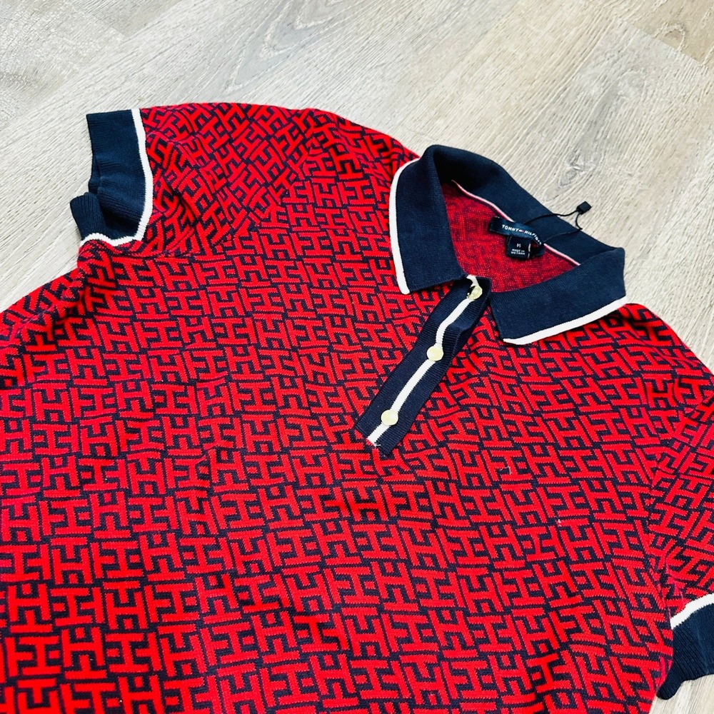 Tommy Hilfiger Polo Womens Medium Red Navy TH All Over Monogram Knit Polo Shirt